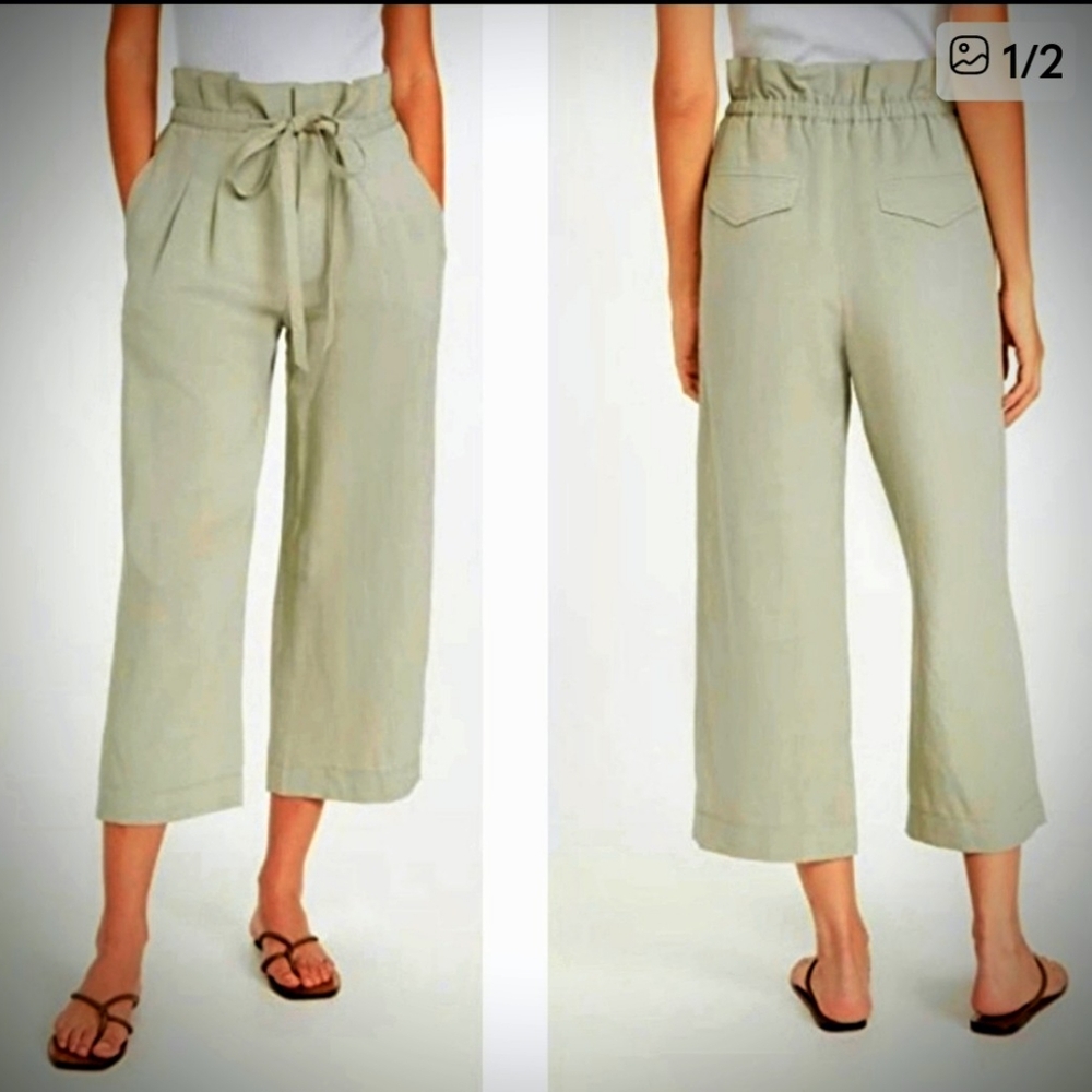 Club Monaco Sage Green Anreannah Paperbag Wide-leg Crop Pants, Size 00